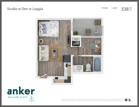 Floor plan for studio, 1 bath, 338 sqft